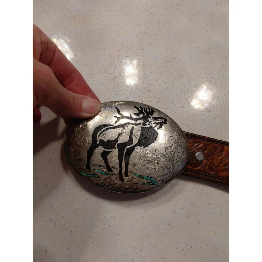 Elk Belt Buckle Turquoise 4”x3”x1.75 Belt Oval with Carved Leather Belt